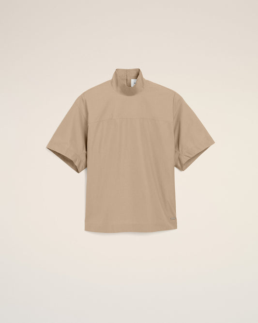 Beige Cotton Stand Up Collar Buttoned Top