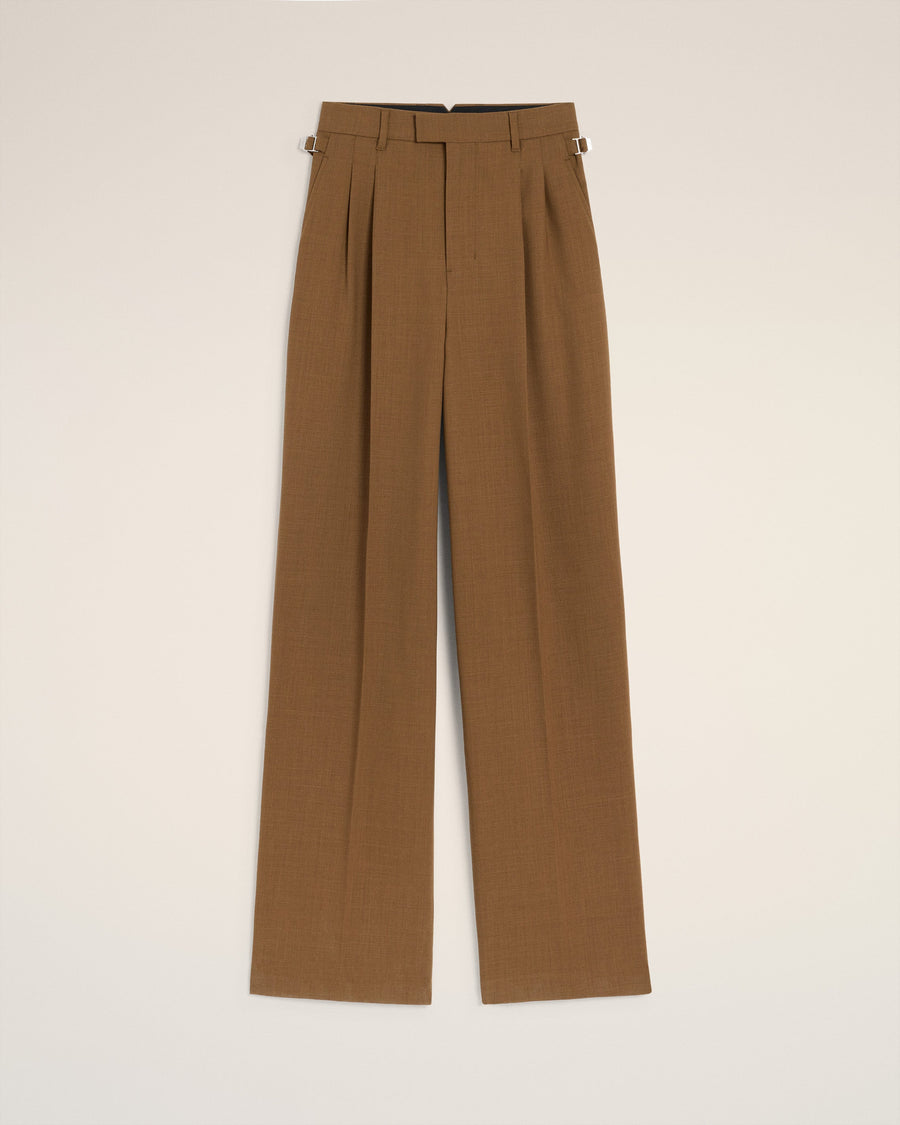 Brown Wool High Waist Tabs Wide Trousers
