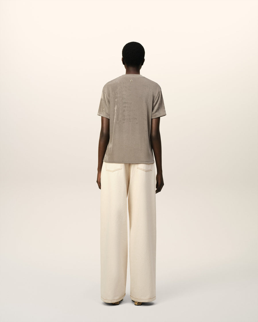 Beige Shiny Jersey Short Sleeve T-Shirt