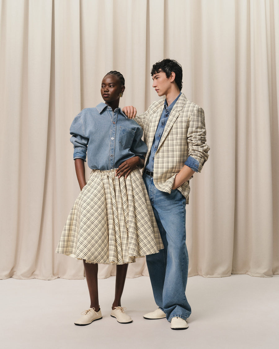 Beige Checked Wool Semi-Lined Jacket