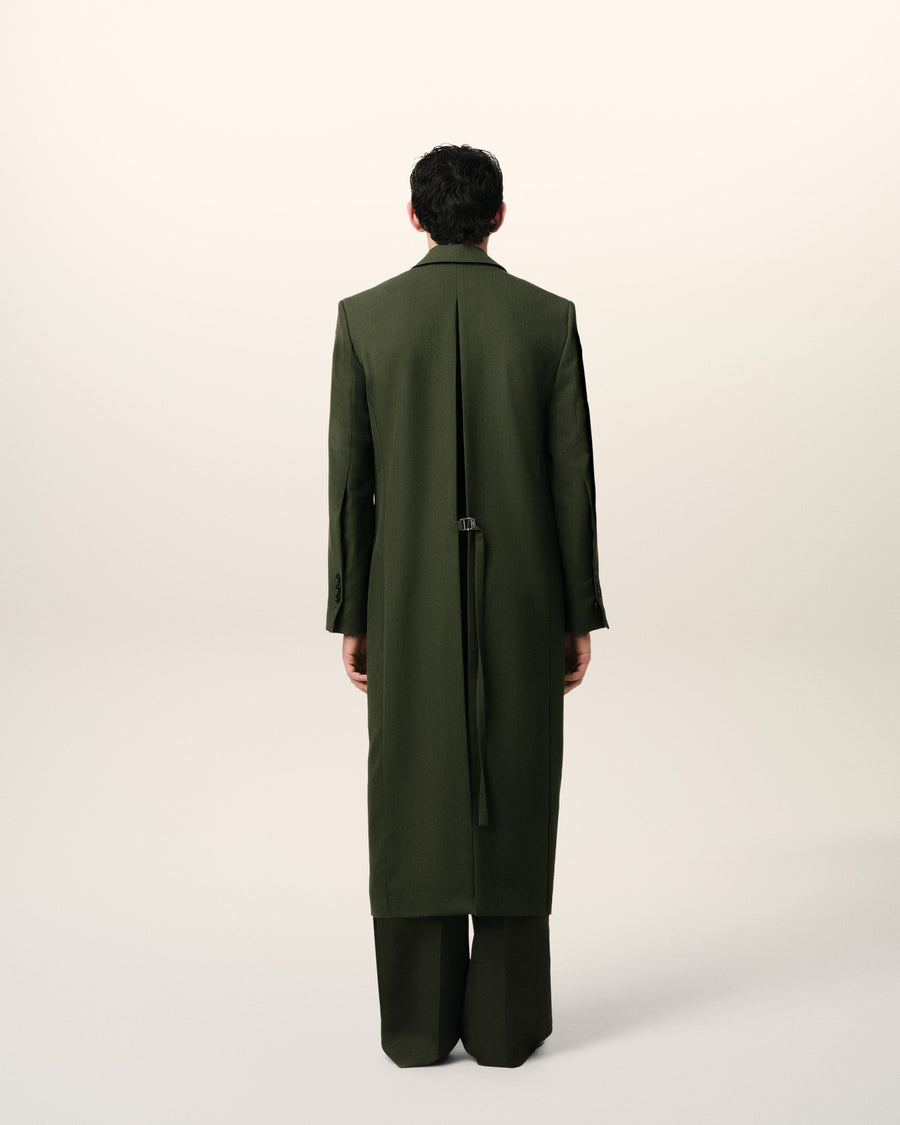 Green Wool Back Slit Long Coat