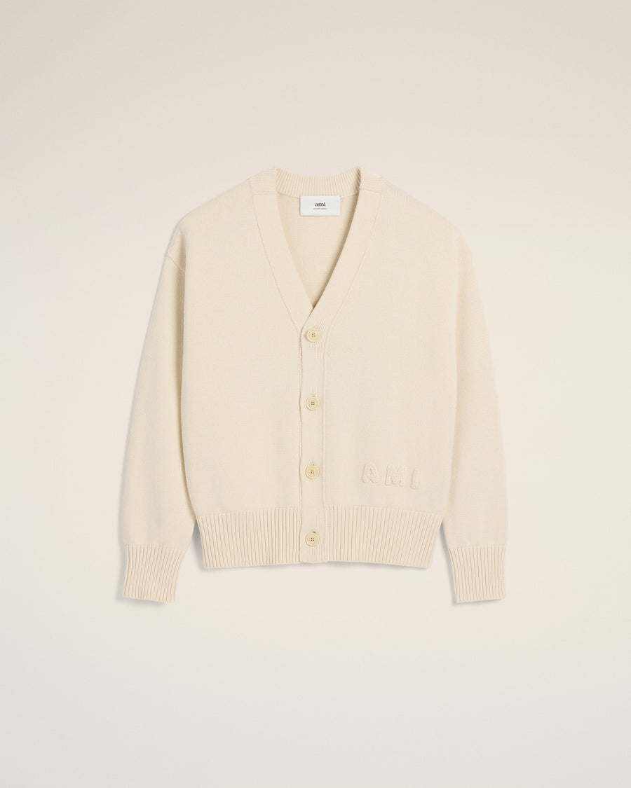 Beige Cotton Wool Ami Embroidered Cardigan
