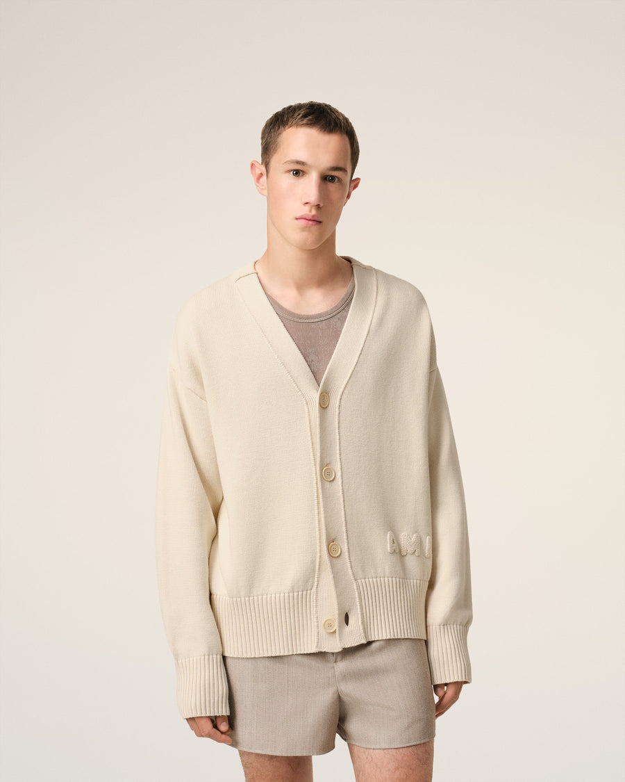 Beige Cotton Wool Ami Embroidered Cardigan