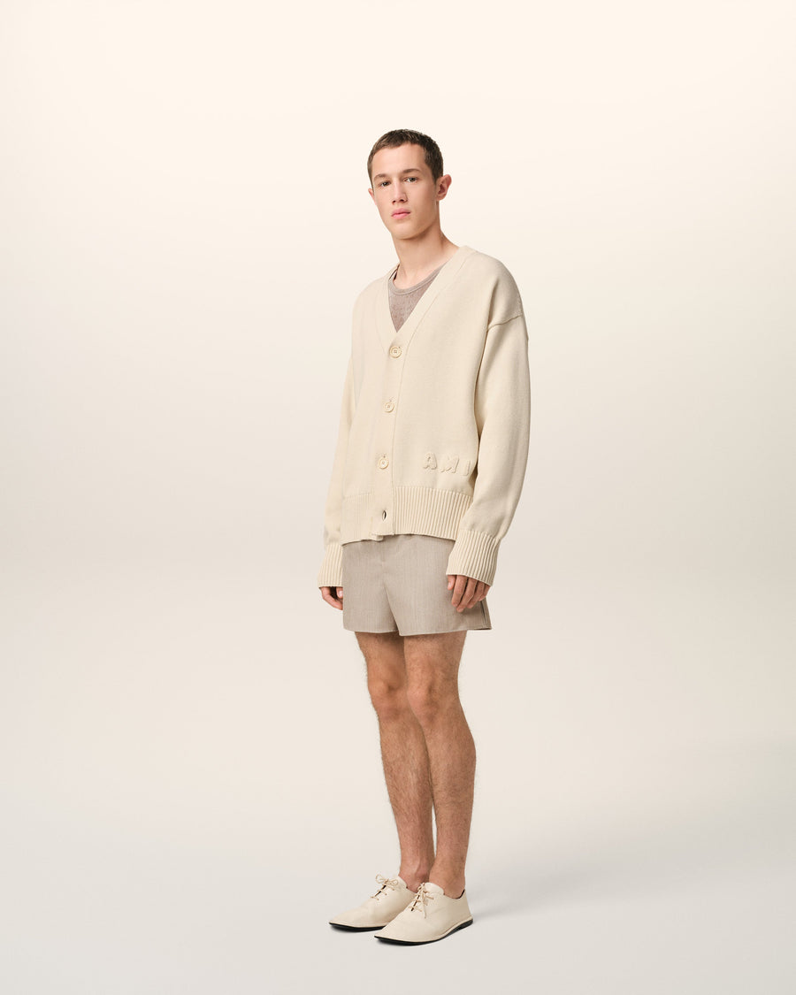 Beige Cotton Wool Ami Embroidered Cardigan