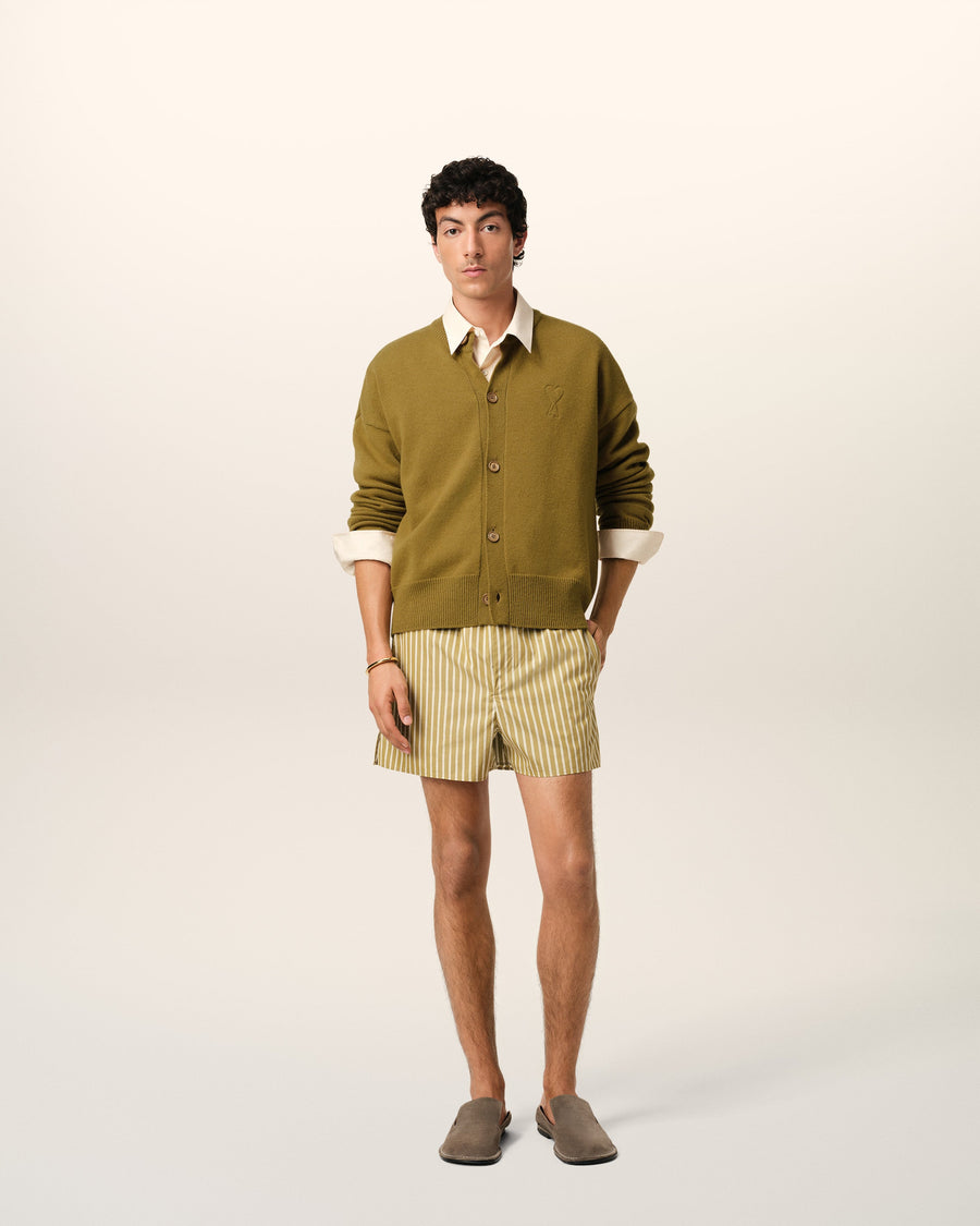 Khaki Wool Knit Ami de Coeur Crewneck Cardigan