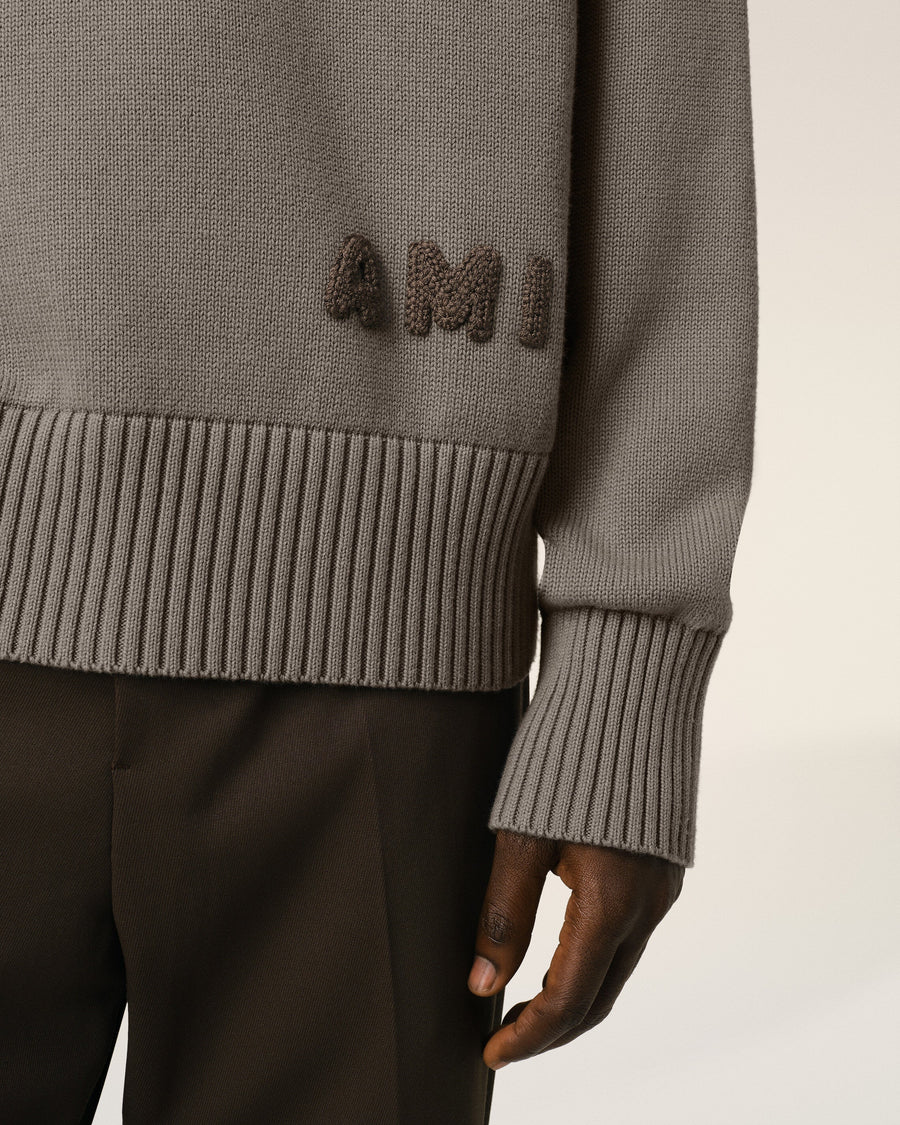 Beige Cotton Ami Embroidered Crewneck Sweater
