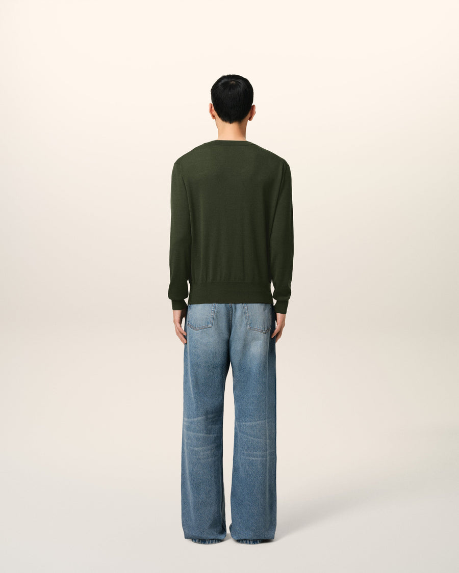 Green Wool Tonal V Neck Sweater