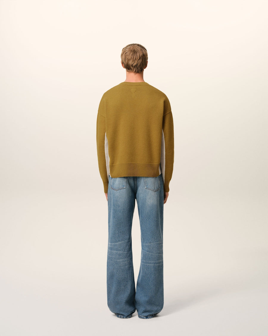 Khaki Wool Knit Bicolor V Neck Sweater