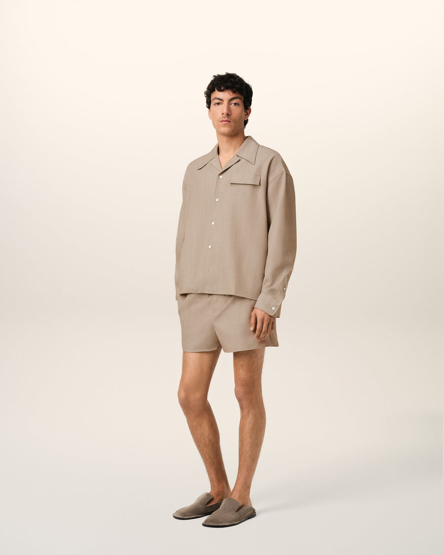 Beige Wool Long Sleeve Camp Collar Overshirt