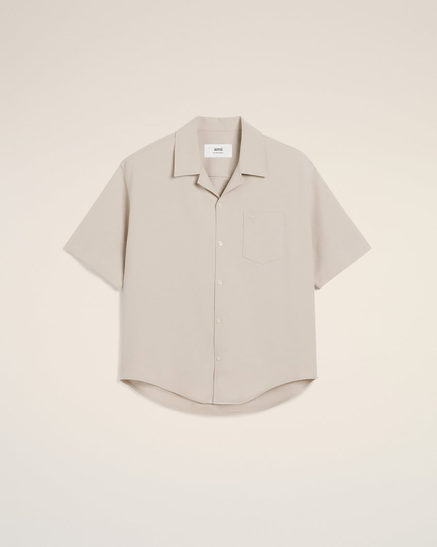 Beige Cotton Camp Collar Short Sleeves Shirt