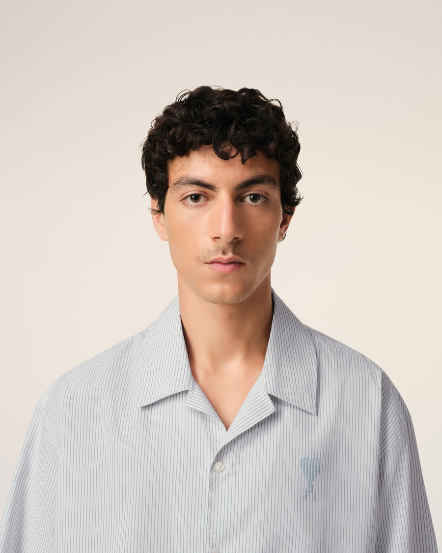 Blue Cotton Camp Collar Short Sleeves Shirt