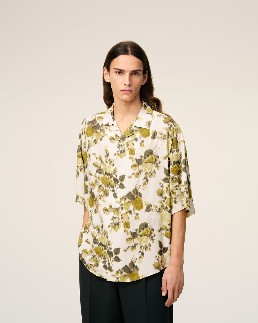 Green Flower Printed  Short Sleeved Ami Camp Shirt