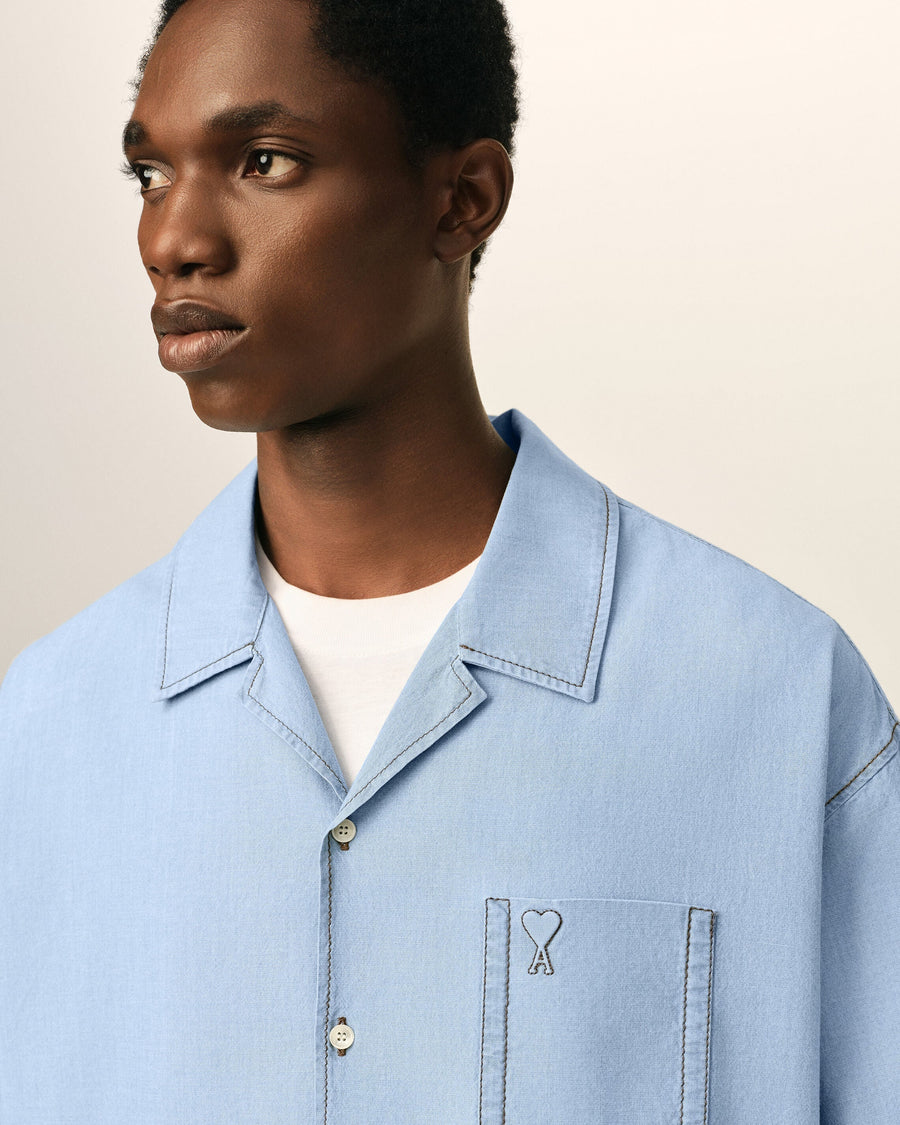 Blue boxy cotton short-sleeve shirt with Ami de Coeur