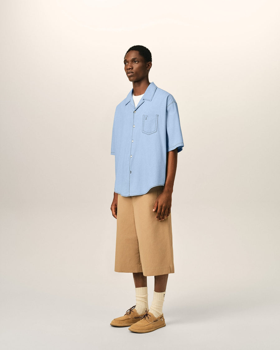 Blue boxy cotton short-sleeve shirt with Ami de Coeur