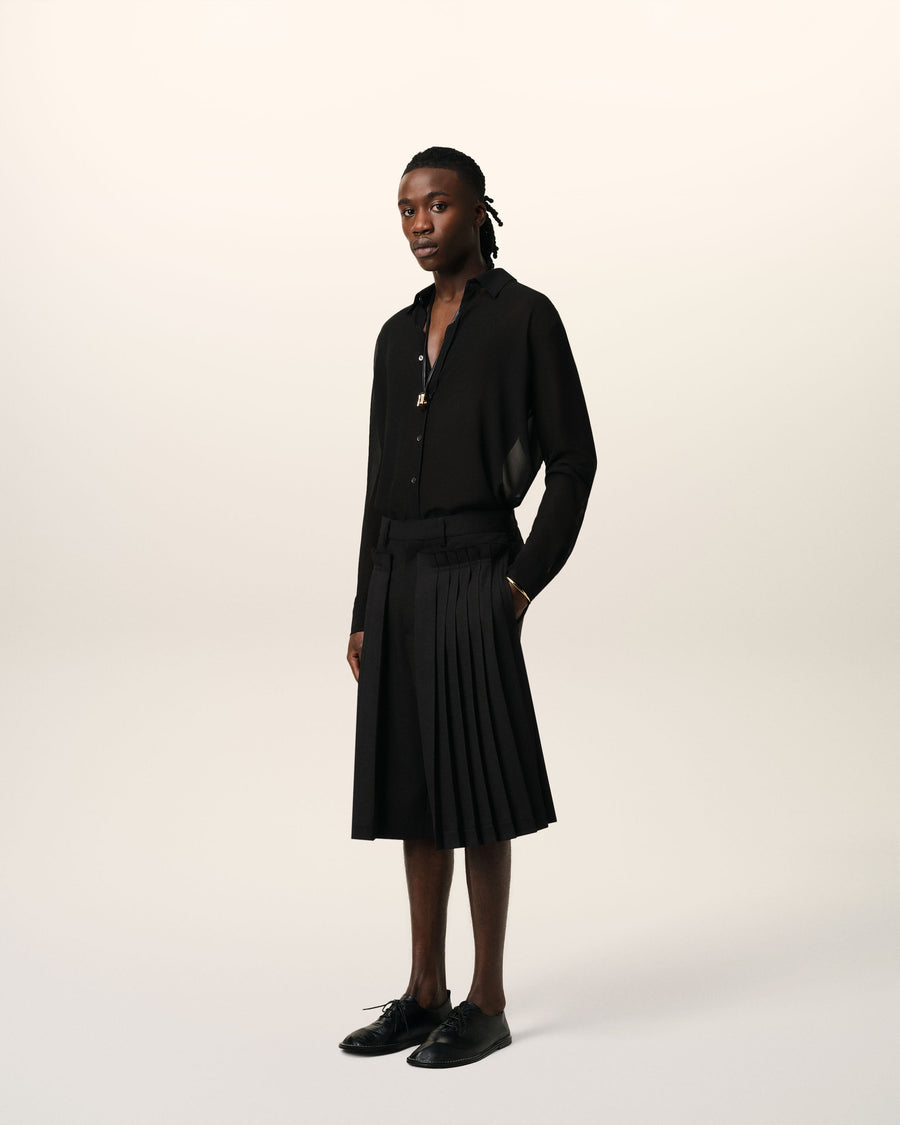 Black Wool Pleated Bermuda