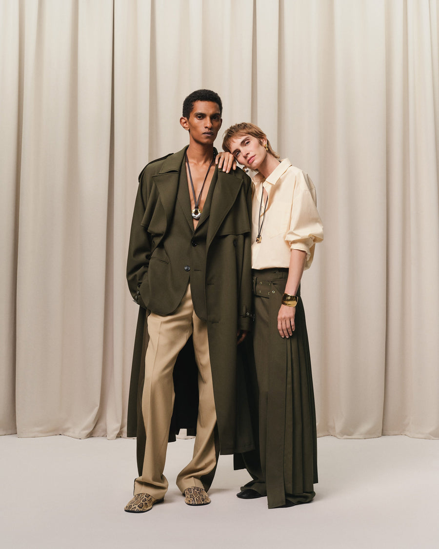 Beige Wool Contrasted Band Straight Trousers
