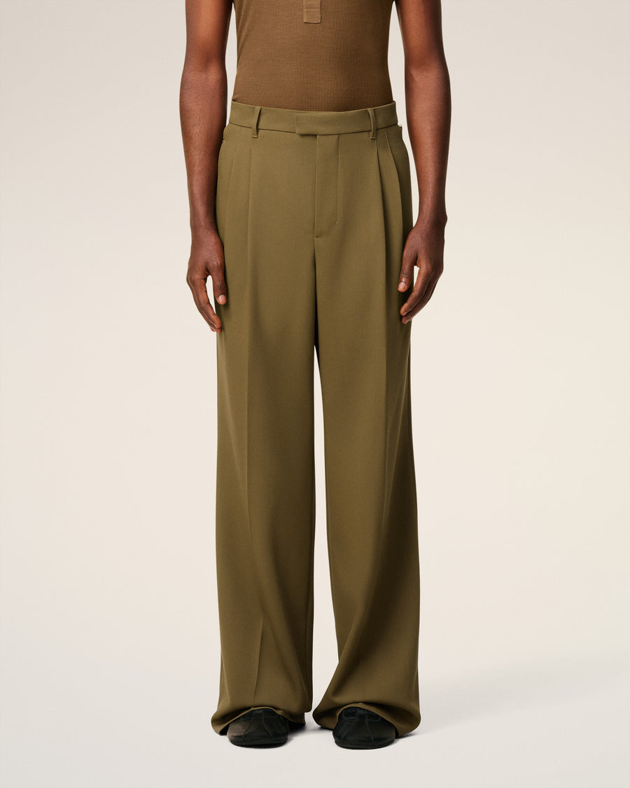 Green Wool Low Waist Wide Trousers