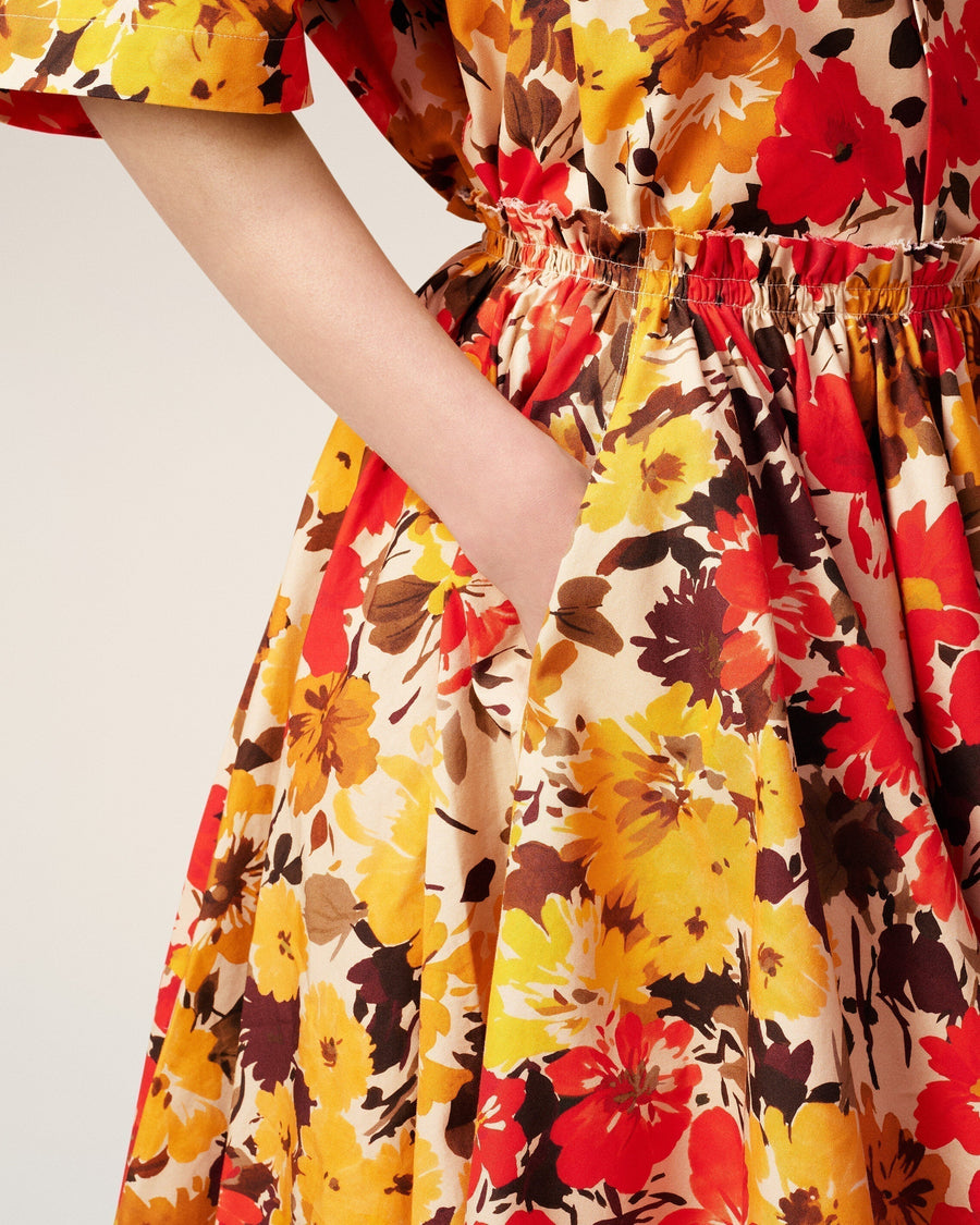 Yellow Floral Cotton Midi Skirt With Godets