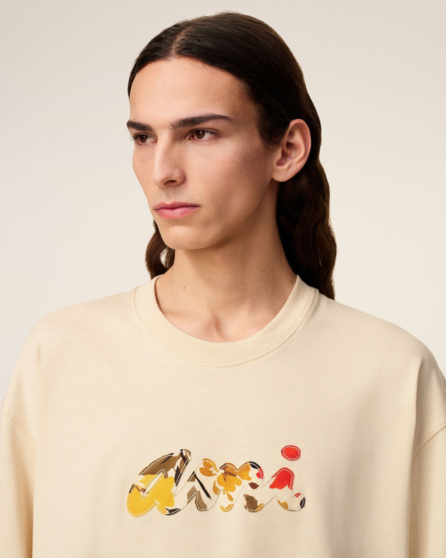 Beige Cotton Floral Ami Patch T-Shirt