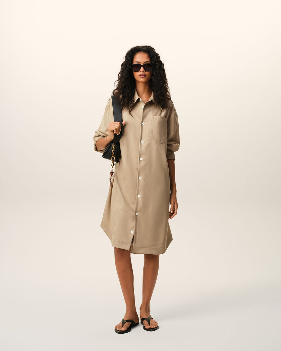 Beige New Wool Ami De Coeur Wide Shirt Dress