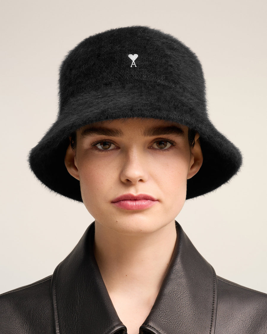 Black Wool Ami de Coeur Stud Bucket Hat