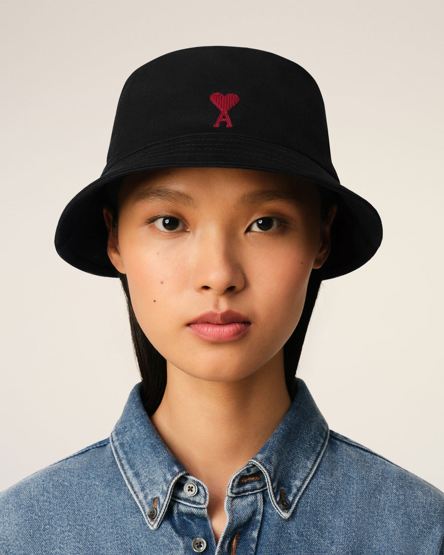 Black Cotton Ami de Coeur Embroidery Bucket Hat