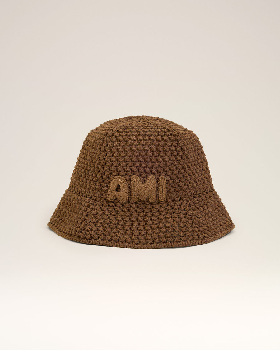 Brown Cotton Knitted Ami Patch Bucket Hat