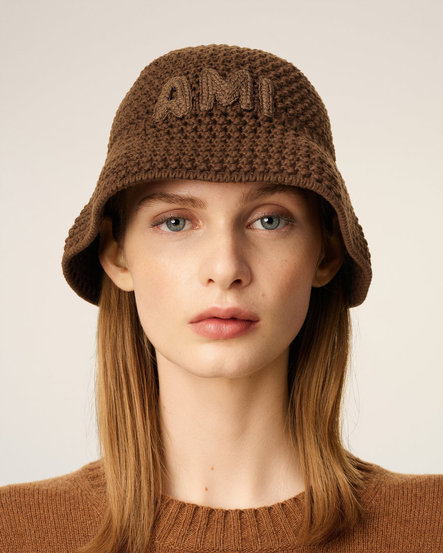 Brown Cotton Knitted Ami Patch Bucket Hat