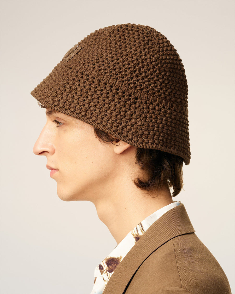 Brown Cotton Knitted Ami Patch Bucket Hat