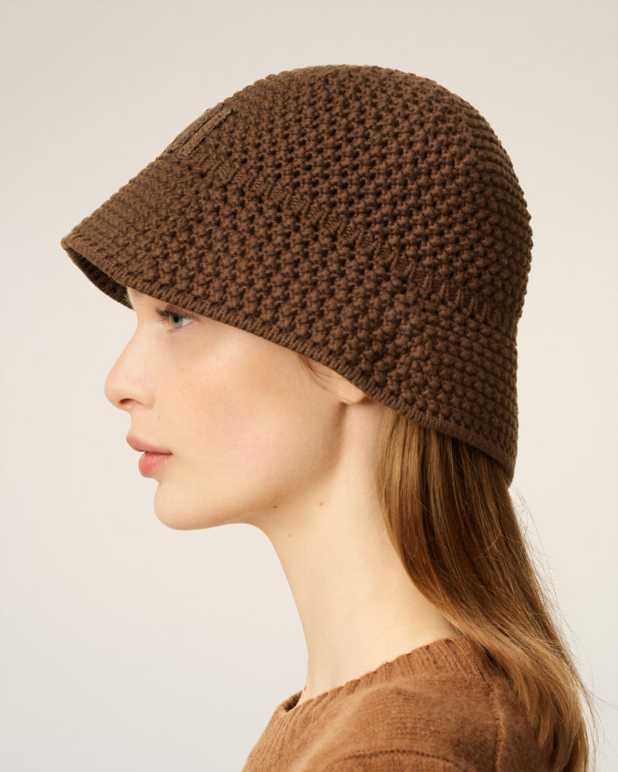 Brown Cotton Knitted Ami Patch Bucket Hat
