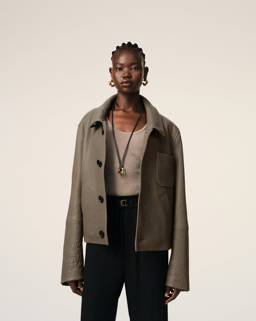 Taupe Leather Buttoned Jacket