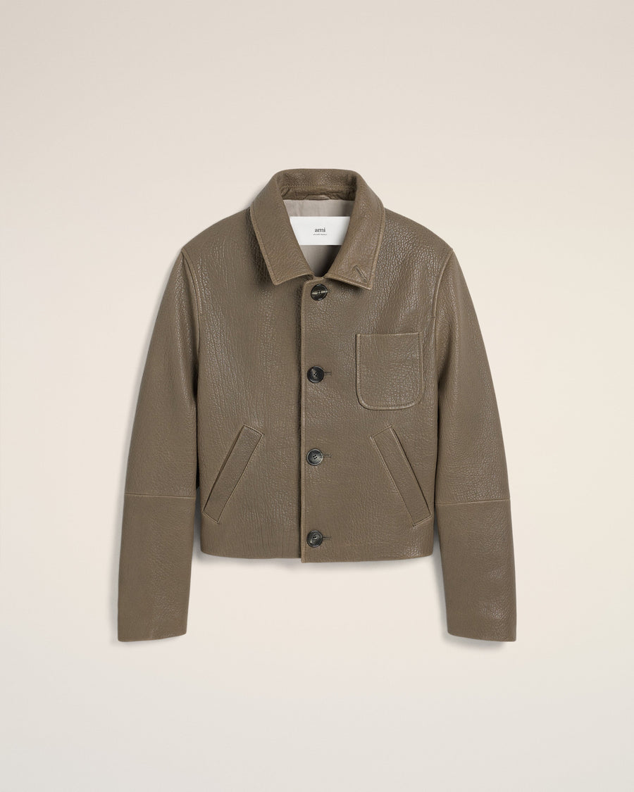 Taupe Leather Buttoned Jacket