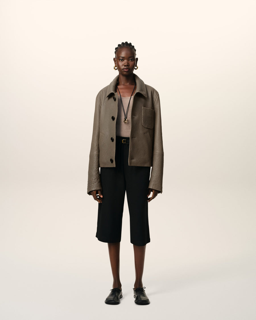 Taupe Leather Buttoned Jacket