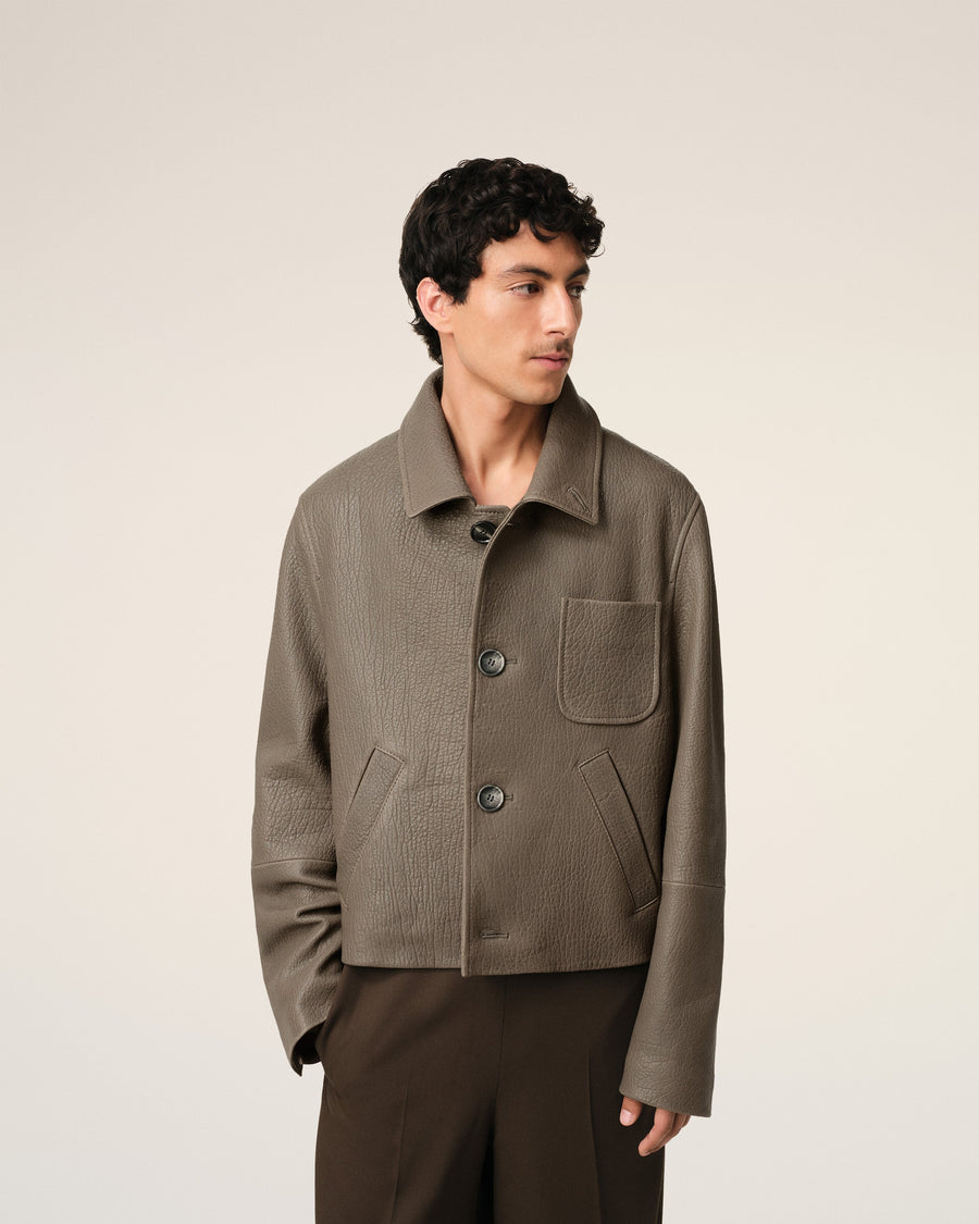 Taupe Leather Buttoned Jacket