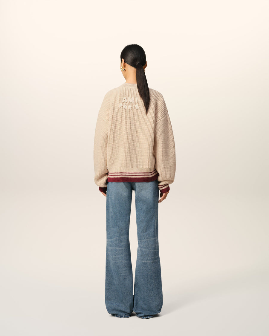 Beige Wool Ribbed V Neck Sweater