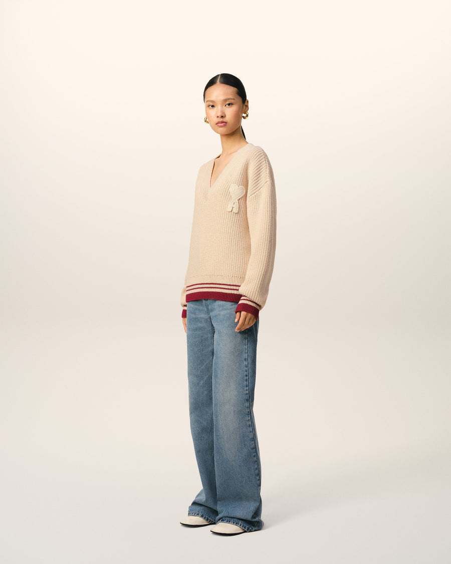 Beige Wool Ribbed V Neck Sweater