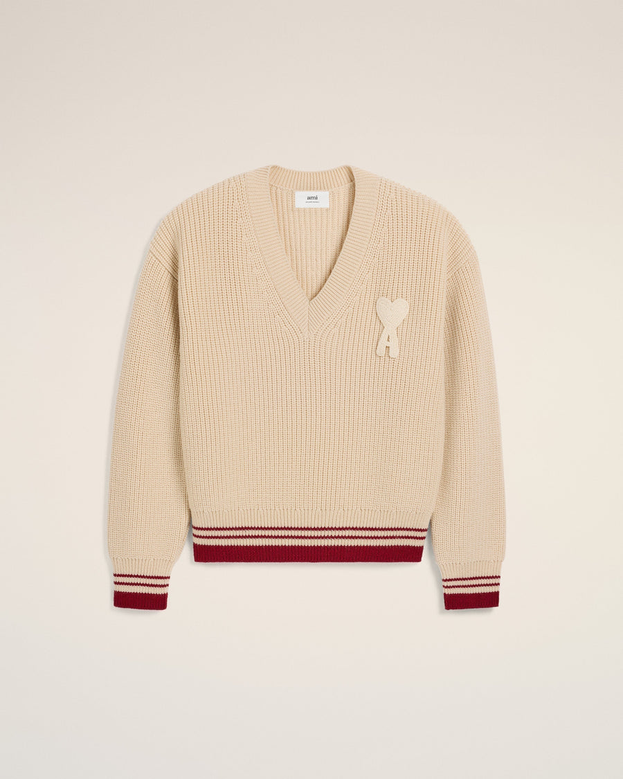 Beige Wool Ribbed V Neck Sweater