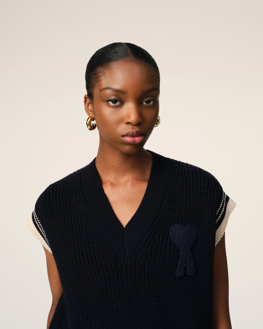 Navy Wool Ribbed Sleeveless V Neck Sweater