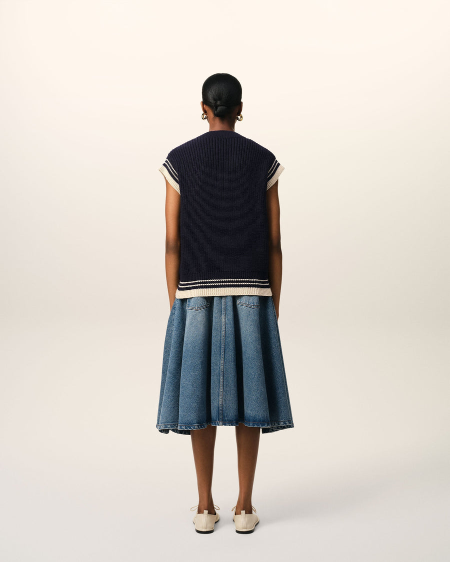 Navy Wool Ribbed Sleeveless V Neck Sweater