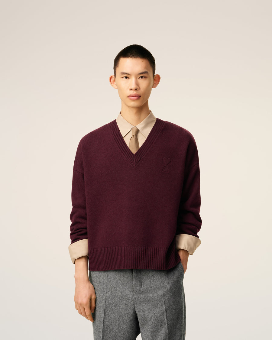 Burgundy Wool Ami De Coeur V Neck Sweater