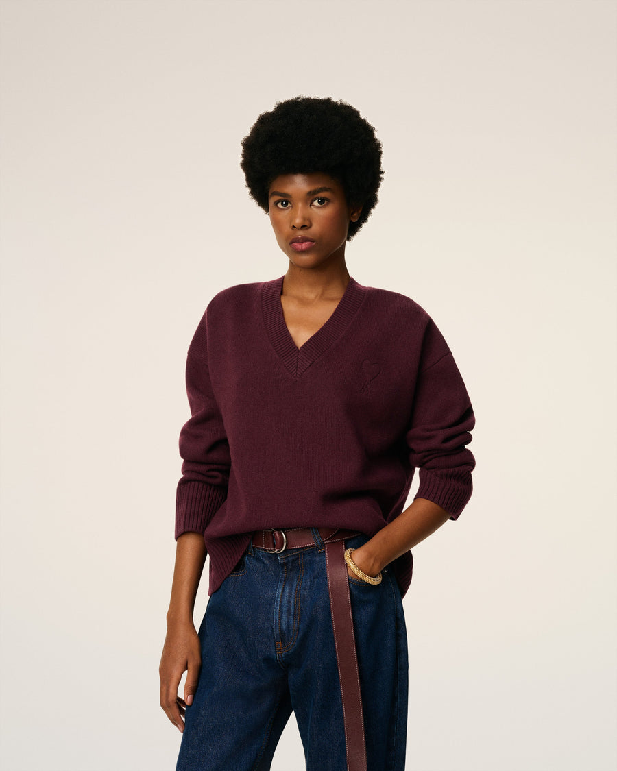 Burgundy Wool Ami De Coeur V Neck Sweater