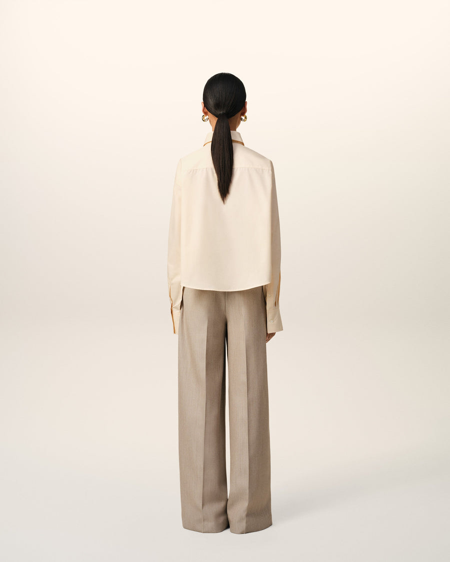 Beige Cotton Cropped Oversized Shirt