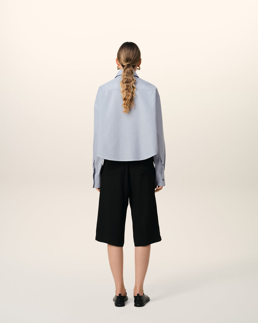 Blue Cotton Button-Down Cropped Oversized Shirt
