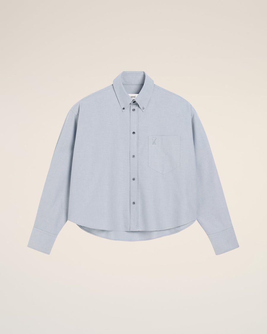 Blue Cotton Button-Down Cropped Oversized Shirt