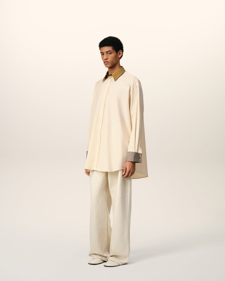 Beige Cotton Classic Collar Loose Shirt