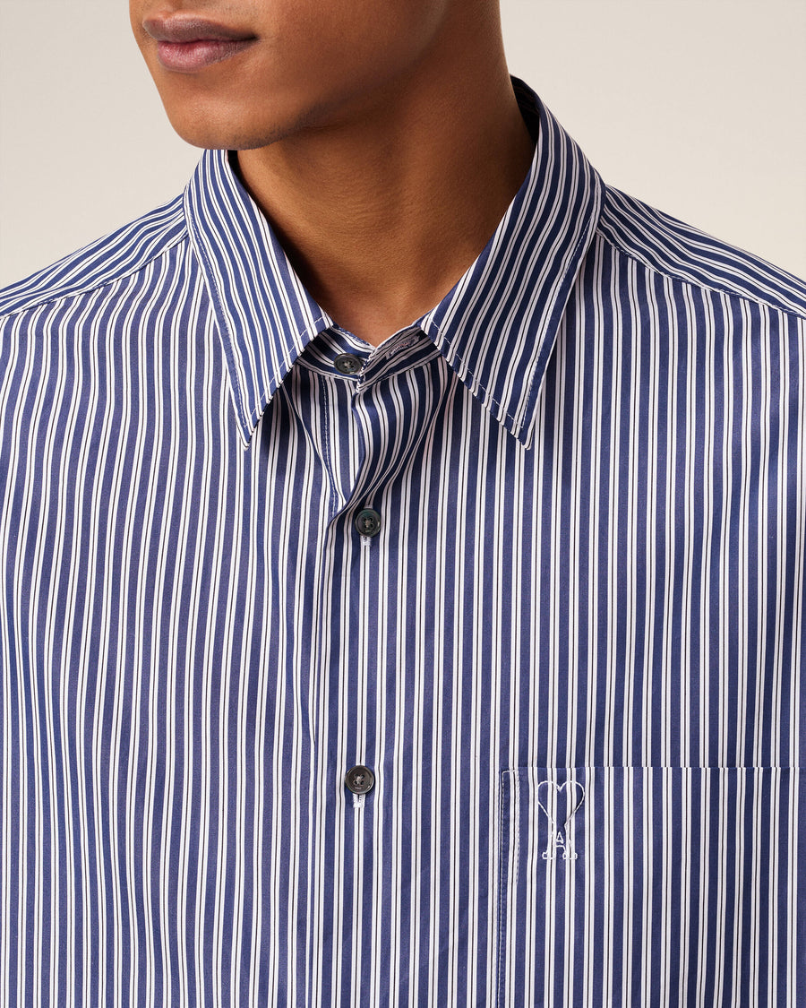 Blue Cotton Embossed Striped Ami De Coeur Boxy Shirt