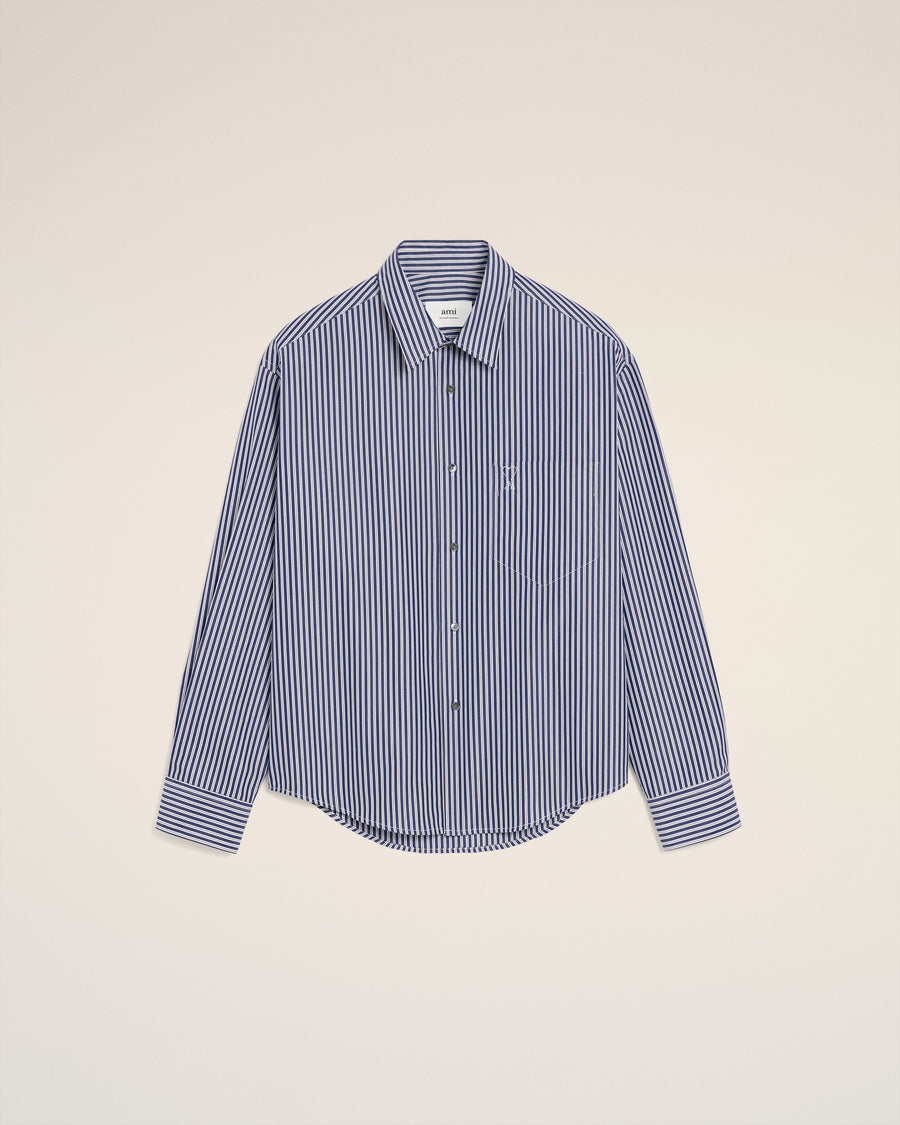 Blue Cotton Embossed Striped Ami De Coeur Boxy Shirt