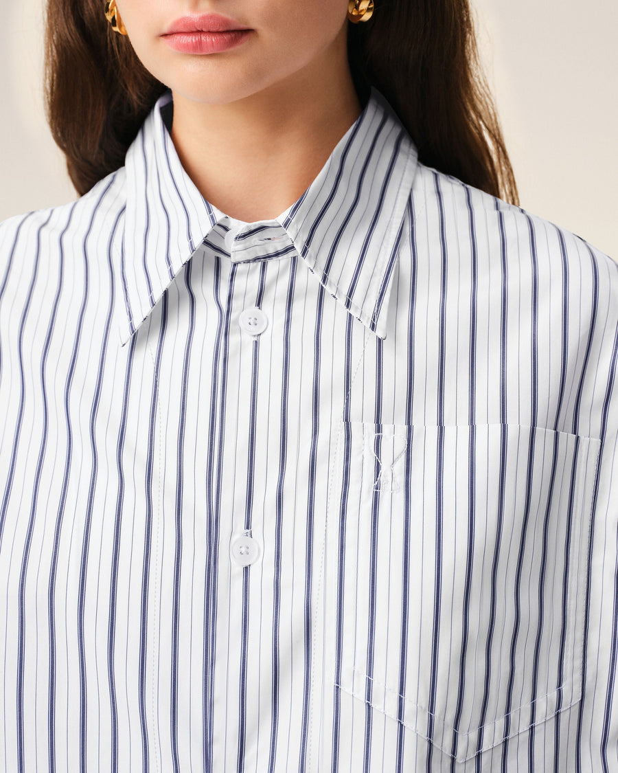 White Striped Cotton Short Sleeve Ami De Coeur Wide Shirt
