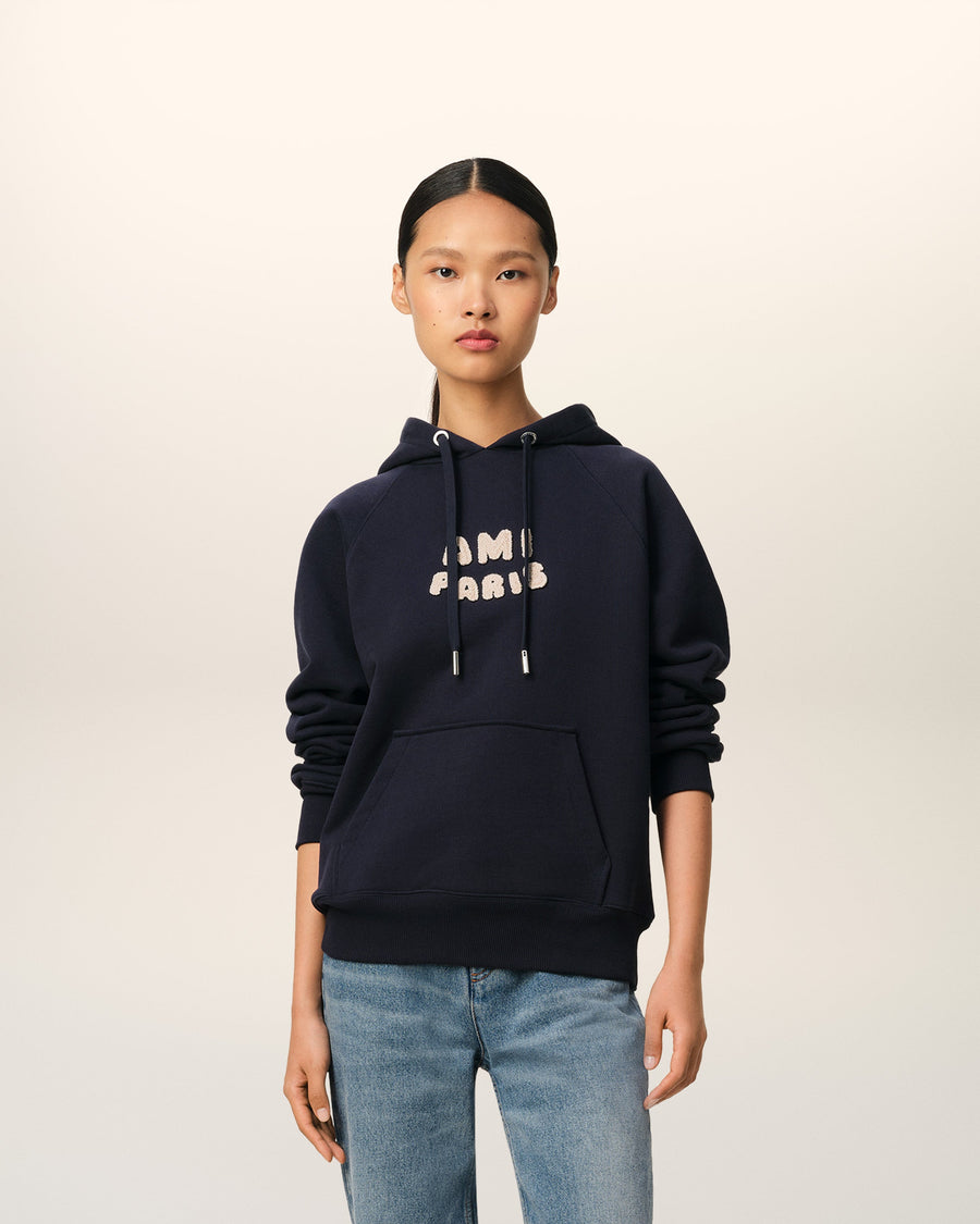 Navy Cotton Hoodie With Ami Paris Patch