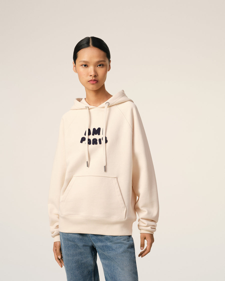 Beige Cotton Hoodie With Ami Paris Patch